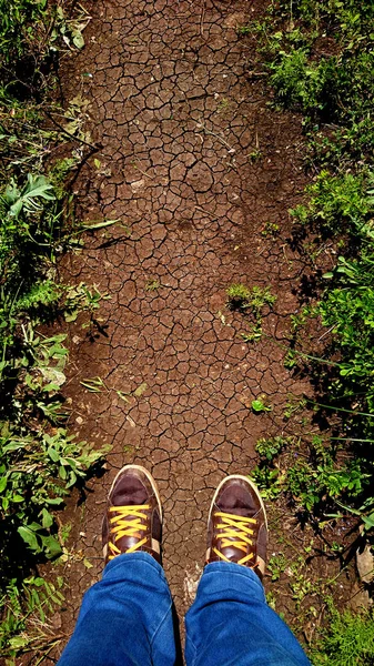 feet in  hiking brown shoes