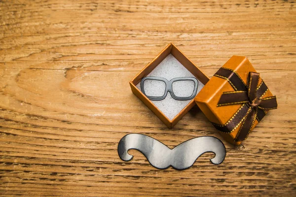 Brown Handmade Gift Box Glasses Wooden Background Black Mustache Glasses — Stock Photo, Image