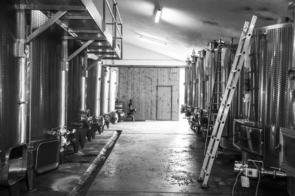 Barris Aço Para Fermentação Vinho Fábrica Enólogos Moderno Armazém Fundo — Fotografia de Stock