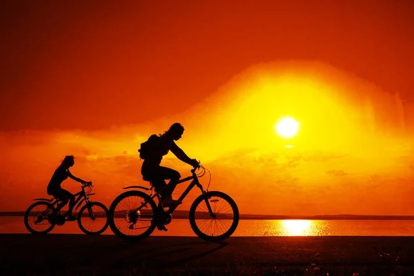 Sportiga Vänner Cyklar Sunset Siluetter Cyklister Kusten Sport Naturen Bakgrund — Stockfoto