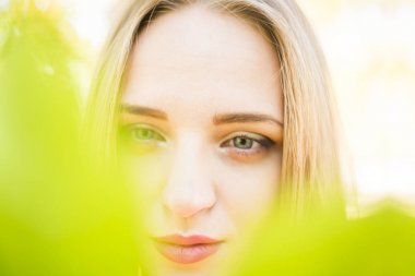 sonbahar yeşil yaprak tutan kız 