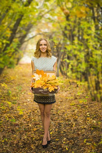 Жінка тримає справу з листям — стокове фото