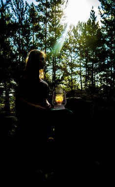 ışık ışınları izlerken bir çam ağacı ormanda genç kadın silüeti