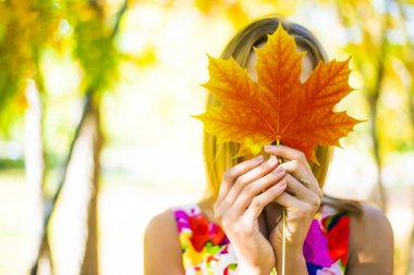 Akçaağaç yaprağı elinde tutan kız