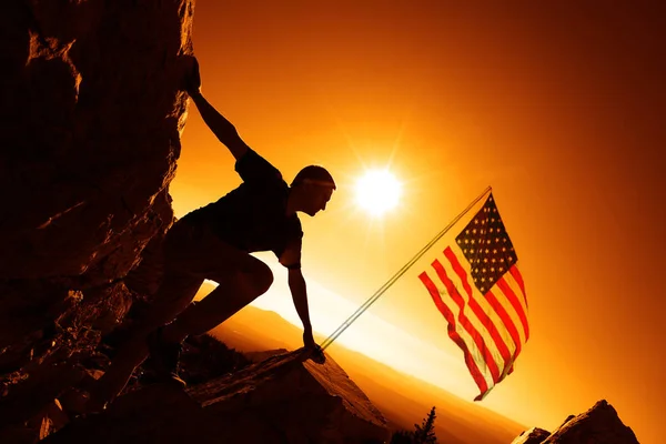 Young Man American Flag Rock — Stock Photo, Image