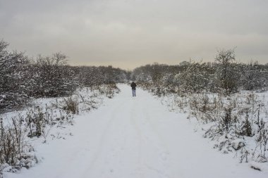 kar fırtınasında yürüyen adam. 