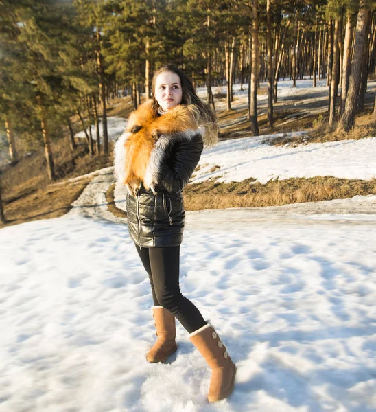 Mulher Moda Inverno Posando Floresta Nevada Usando Uma Jaqueta Preta — Fotografia de Stock