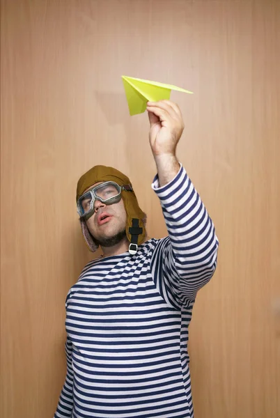 Homme Adulte Casque Aviateur Chapeau Pilote Lunettes Protection Jouant Avec — Photo
