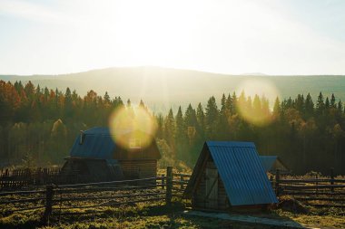 Ahşap dağ kulübeleri çayır üzerinde 
