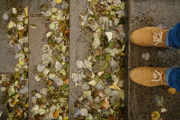 Gambe in piedi tra foglie autunnali — Foto Stock