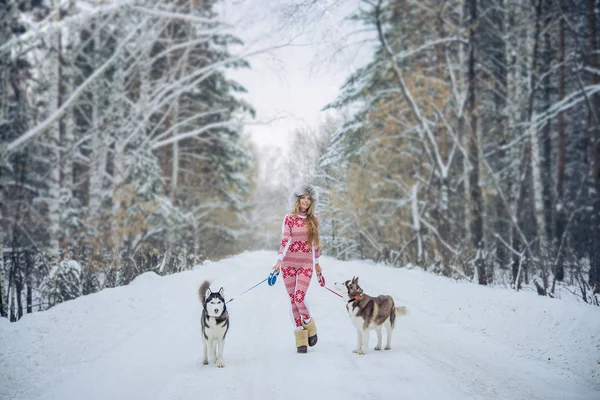 Mulher com cães haski — Fotografia de Stock