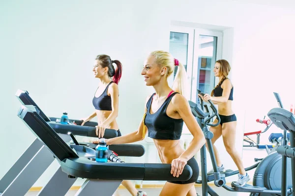 Jóvenes Mujeres Deportivas Corriendo Las Cintas Correr Gimnasio —  Fotos de Stock