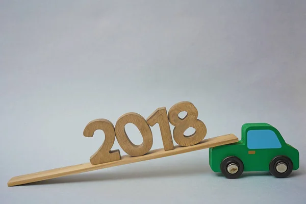 New Year 2018 Big Wooden Year Number Car New Year — Stock Photo, Image