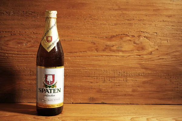 Μόναχο Γερμανία Σεπτεμβρίου 2017 Spaten Μπύρα Φόντο Ξύλινη Σανίδα Spaten — Φωτογραφία Αρχείου