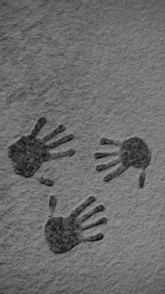 hand prints on the white snow texture.