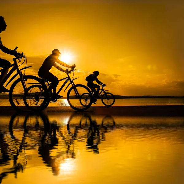 Üres Tér Sportos Barátok Bicikliznek Naplementekor Kerékpárosok Part Mentén Sport — Stock Fotó