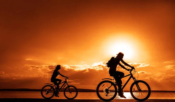 Sportliche Freunde Auf Fahrrädern Bei Sonnenuntergang Silhouetten Von Radfahrern Der — Stockfoto