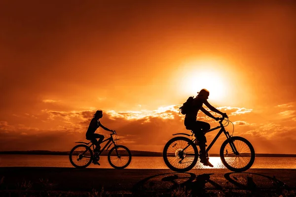 Sportieve Vrienden Fiets Zonsondergang Silhouetten Van Wielrenners Aan Kust Sport — Stockfoto