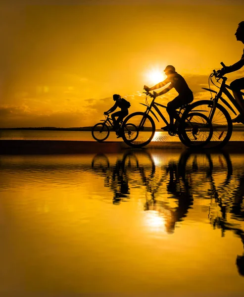 Leerer Raum Sportliche Freunde Auf Fahrrädern Bei Sonnenuntergang Radfahrer Die — Stockfoto