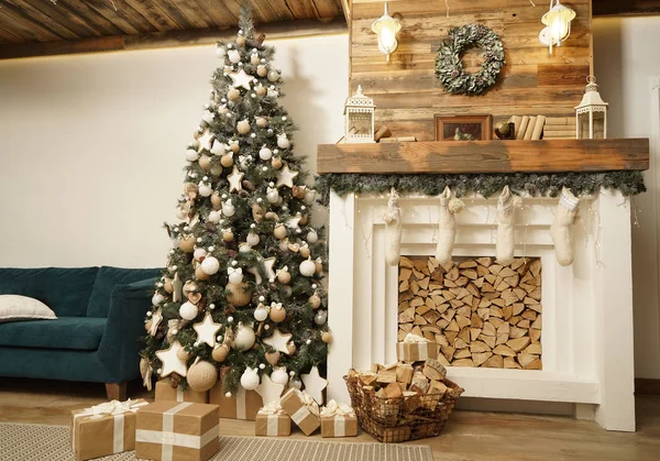 Interior Sala Estar Decorado Para Natal Sala Design Com Árvore — Fotografia de Stock