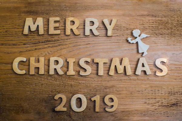 Ξύλινα Άγγελος Καφέ Φόντο Ξύλινη Χαρούμενα Χριστούγεννα Λέξεις — Φωτογραφία Αρχείου