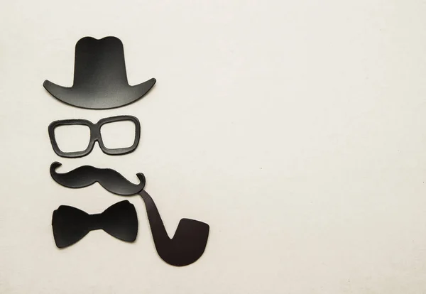 Ευτυχισμένος Πατέρες Ημέρα Αυτοκόλλητο Καπέλο Γυαλιά Μαύρο Μουστάκι Τόξο Γραβάτα — Φωτογραφία Αρχείου
