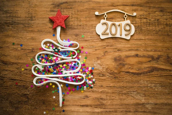 Kerstboom Van Een Veel Kleurrijke Confetti Kantpatroon Vintage Stijl Houten — Stockfoto