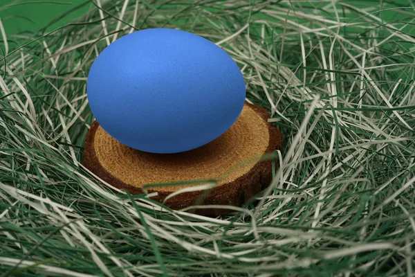 Easter Egg Houten Plaat Gras Vrije Ruimte Voor Tekst Paasvakantie — Stockfoto