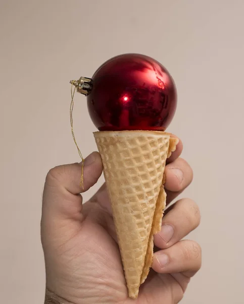 Happy New Year Male Hand Holding Ice Cream Cone Red — Stock Photo, Image