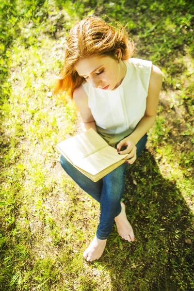 Top View Girl Reading Book While Sitting Fresh Green Grass — Stock Photo, Image