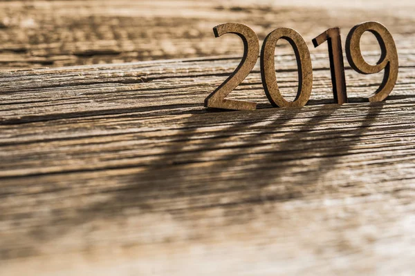 Новым 2019 Годом Открытка Деревянный Номер Деревянном Фоне Доски — стоковое фото