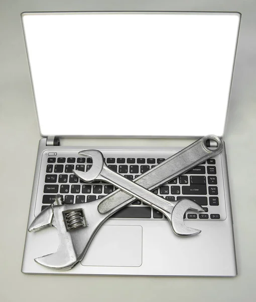 Hintergrund Der Werkzeuge Auf Schwarzer Laptop Tastatur — Stockfoto