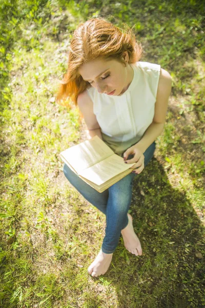 Top View Girl Reading Book While Sitting Fresh Green Grass — Stock Photo, Image