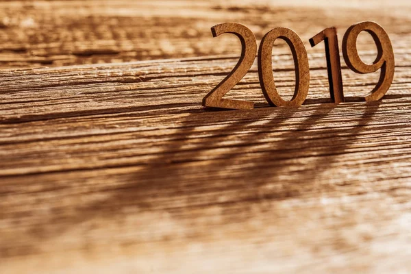 Gelukkig Nieuwjaar 2019 Kaart Houten Nummer Houten Plank Achtergrond — Stockfoto