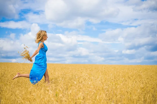 Štíhlá Žena Držící Ruce Banda Uši Pšenice Proti Modrá Letní — Stock fotografie