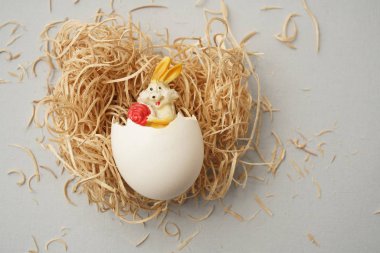 Easter kabuk beyaz yumurta ve oyuncak saman üzerinde. yazıt veya diğer nesneleri için boş kopya alanı 
