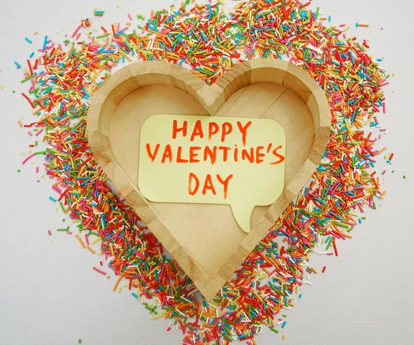 Wooden Heart Many Colorful Candies Happy Valentines Day Inscription — Stock Photo, Image