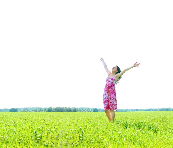 Młoda Kobieta Szczęśliwa Zielone Pole Ręce Góry Pole Trawa Zielony — Zdjęcie stockowe