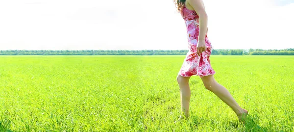 緑の上を歩く女性の脚は フィールド背景を草します 表面無し — ストック写真