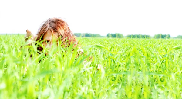 Young Woman Fresh Green Spring Grass — Stock Photo, Image