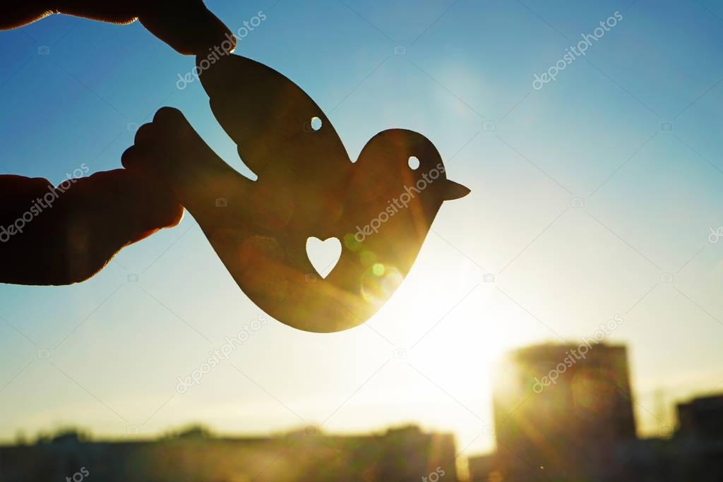 male hand holding  figure of bird against sunset sky. sun rays.