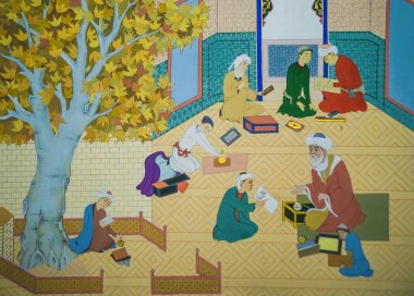 Taşkent, Özbekistan - 12 Ekim 2016: studio yazılı olarak çalışan bir eski ve tarihi İslam bilim adamları