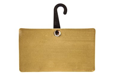 Boş bir plastik Kancalı üzerinde altın sarı kağıt sayfası. Beyaz arka plan üzerinde izole