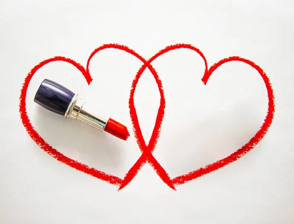 Dvě Srdce Červenou Rtěnku Rtěnku Červené Srdce Šťastný Valentýna Nápad — Stock fotografie