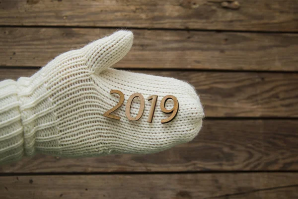 Happy New Year Knitted Mitten Wooden Number 2019 Wood Background — Stock Photo, Image