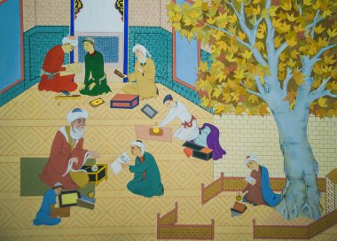 Taşkent, Özbekistan - 12 Ekim 2016: studio yazılı olarak çalışan bir eski ve tarihi İslam bilim adamları