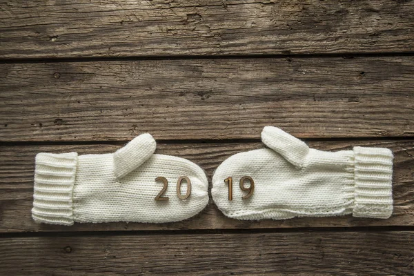 Happy New Year Knitted Mittens Wooden Number 2019 Wood Background — Stock Photo, Image