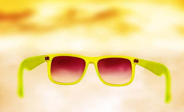 Stylish Sunglasses Sky Background Empty Copy Space Inscription — Stock Photo, Image