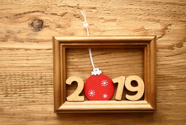 Glückliches Neues Jahr 2019 Karte Holzzahl Bilderrahmen Auf Holztischhintergrund — Stockfoto