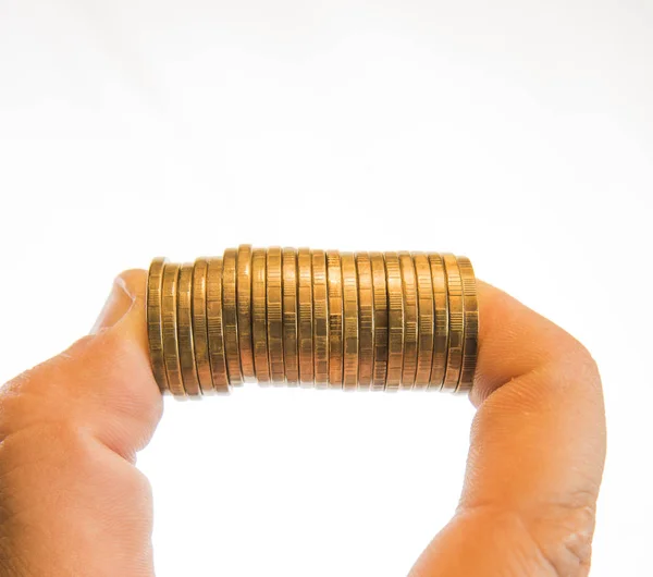 Mano Humana Sosteniendo Monedas Entre Dos Dedos Ideas Negocios Aislado — Foto de Stock